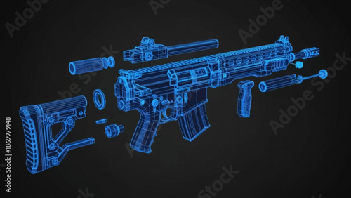 Exploded view technical diagram of a futuristic firearm blueprint on a dark background
