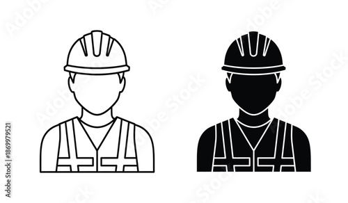 Two construction workers wearing hard hats and vests in black and white line art