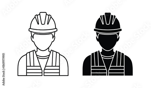 Black and white line icons of construction workers wearing hard hats and safety vests