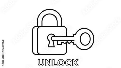A simple black and white line drawing of a padlock being unlocked with a key