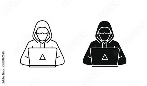 Two hooded hackers using laptops with warning signs on screens in black and white