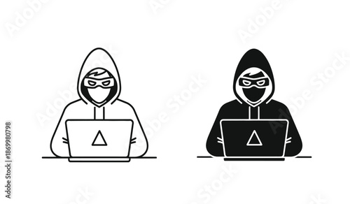 Two hooded hackers with laptops and masks in black and white line art