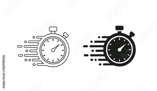 Vector illustration of stopwatch icons in black and white with motion lines on pure