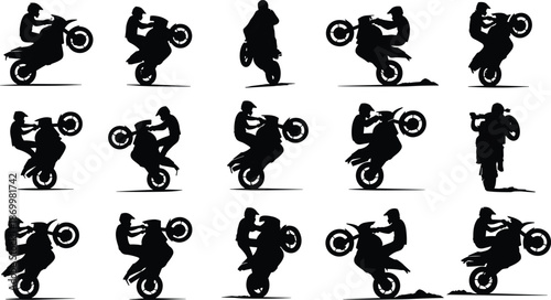 Black silhouettes of motorcyclists performing stunts on white background motorcycle