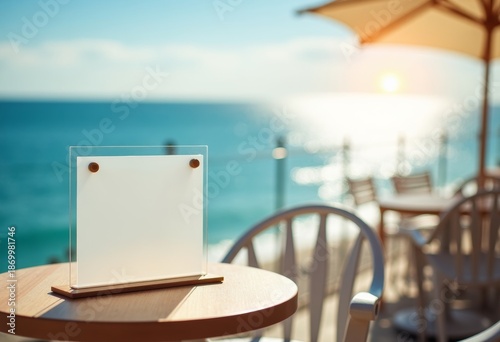 transparent sign mockup at seaside café terrace, ocean view, sunlight reflections, vacation mood