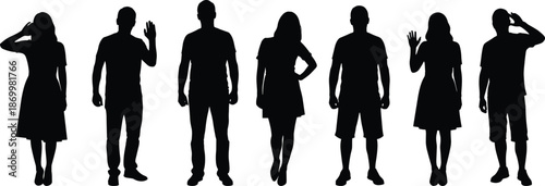Black silhouettes of people waving and standing white background
