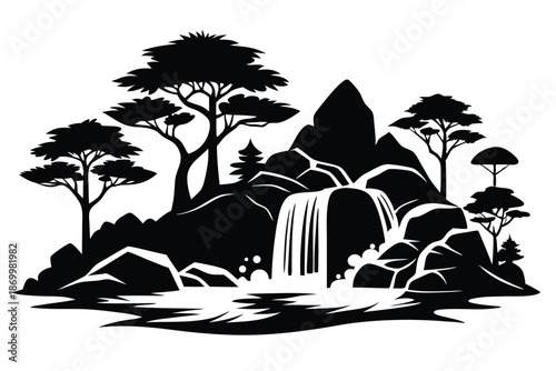 Serene Outdoor Landscape Graphic of a Cascading Stream with Rocky Banks and Tall Trees