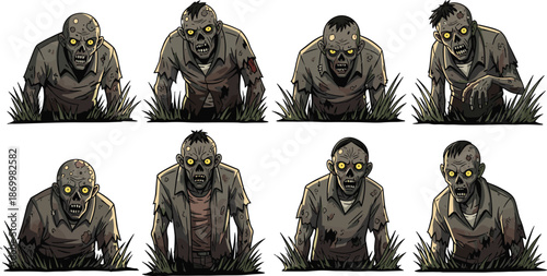 Cartoon zombies crawling in grass monsters creepy horror