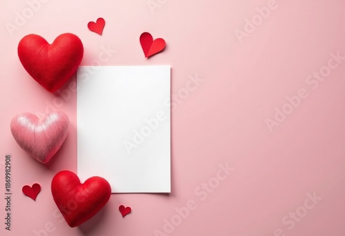 Valentine’s Day greeting card mockup, blank card with heart decorations, clean background, copy space, minimal commercial style