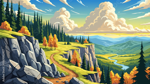 Scenic mountain landscape vector illustration with winding path and autumn trees, showcasing rolling hills and a distant river under a bright sky