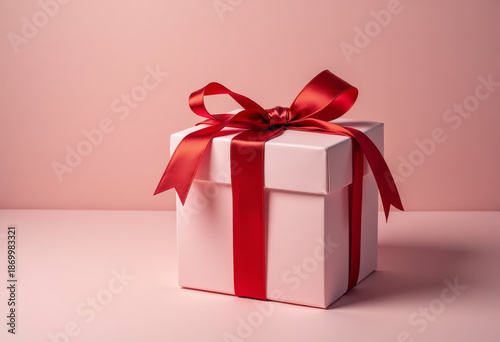 Valentine’s Day gift box wrapped with red ribbon, neutral background, soft studio light, copy space