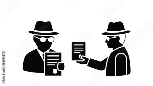 Two shadowy figures in hats exchange documents suggesting a clandestine meeting or investigation