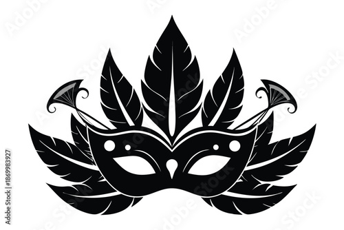 Elegant Masquerade Mask with Ornate Feathers, Black and White Vector Icon for Luxury Event Branding