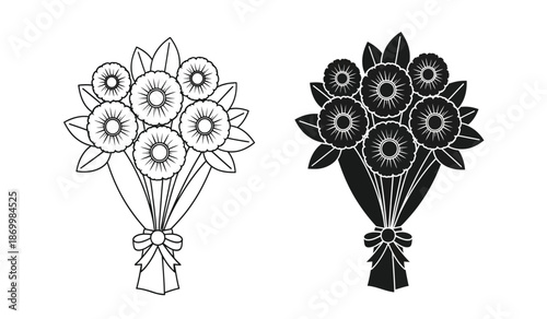 A black and white illustration of two bouquets of flowers with intricate designs on a pure