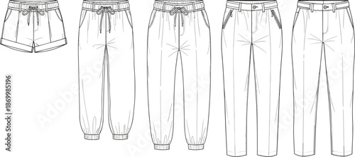 Line of four styles of white pants and shorts line fashion clothing apparel