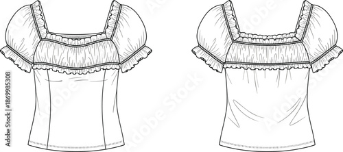 Line of two views of a short sleeved blouse with ruffles short sleeves line fashion clothing garment