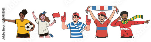 Soccer fans celebrating together with team kits, flags and scarves in a diverse supporter group illustration