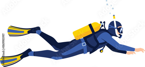 Scuba diver in blue wetsuit and yellow flippers swimming underwater diving