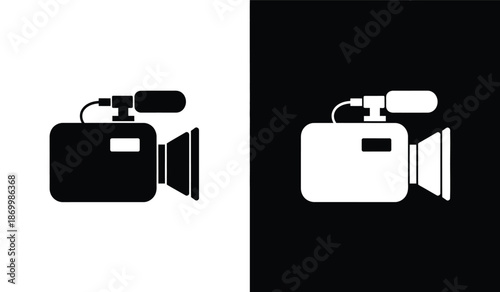 Black and white video camera icons on colored backgrounds for graphic design