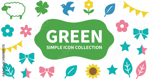 Green Simple Icon Collection Featuring Nature Flowers Leaves Sheep Bird And Decorative Elements In Flat Vector Illustration Style For Organic Design