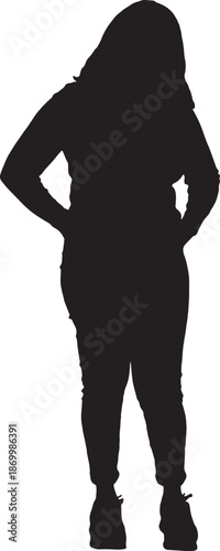 vector, silhouette of a front view of a woman with hands on pockets