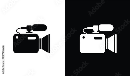 Black and white camera icons with microphones on top for video recording isolated and black backgrounds