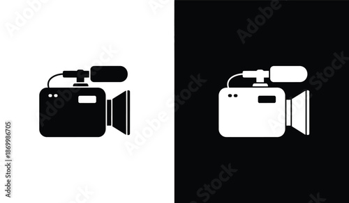 Black and white video camera icons and black backgrounds for graphic design