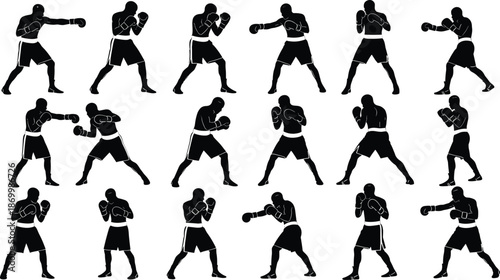 Pro Boxer Silhouette Set Featuring Male Athletes in Fighting Stance Punching and Defensive Poses for Flat Vector Illustration