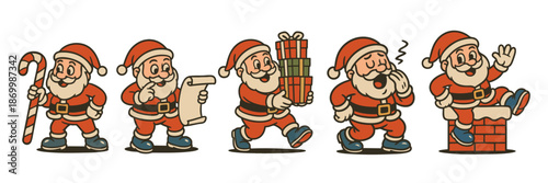 Santa mascot characters in festive poses carrying gifts, candy cane, wishlist and chimney scene