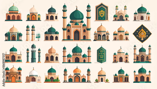 Mosque and Worship Activities Icons - Vector Illustration