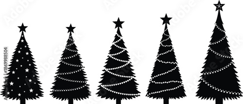 Set of black silhouette Christmas tree icons with stars and ornaments, CAD drawing flat vector illustration for holiday seasonal design