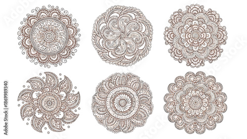 Henna tattoos ink sketch vector set. Floral leaves stems ornamental pattern skin maroon red temporary tattoo illustrations