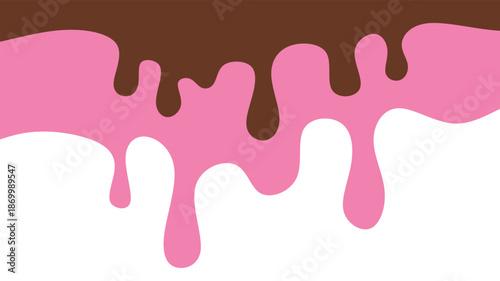 Sweet melting chocolate and pink strawberry icing glaze background. Dripping liquid syrup or sauce vector illustration for dessert menu, donut glaze, or food packaging.