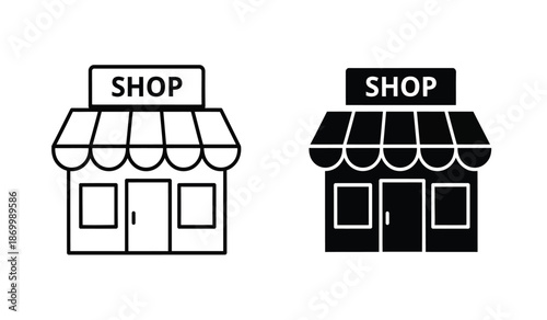Black and white line drawing of two shop icons with awnings and doors