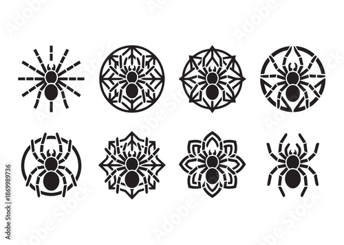 Black silhouettes of spider set represent arachnids insect creepy crawly wildlife fauna silhouette clip art logo sign tattoo illustration