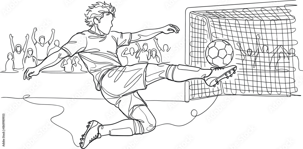 Fototapeta premium Vector illustration of a soccer player scoring a goal with a bicycle kick. Dynamic line art composition featuring cheering fans and a football net. Banner design for World Cup Soccer