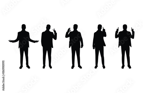 standing businessman man silhouettes making hand gestures and positive signs, OK sign, victory sign easy to edit and resize 