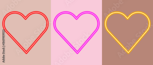 Set of Neon Glowing Heart Frames in Red Pink and Yellow, Romantic Vibrant Light Border Art