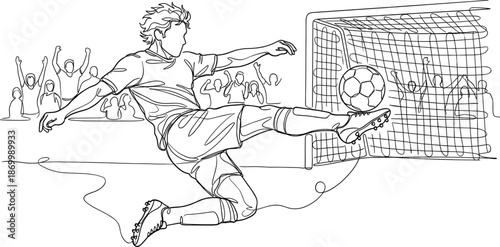 Vector illustration of a soccer player scoring a goal with a bicycle kick. Dynamic line art composition featuring cheering fans and a football net. Banner design for World Cup Soccer