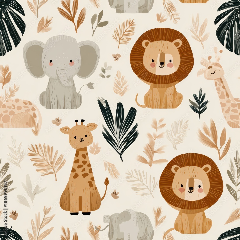 Fototapeta premium Seamless Safari Baby Animals Pattern Features Elephants, Giraffes, Lions, and Zebras Among Leaves in Warm Tones for Nursery Decor and Childrens Clothing