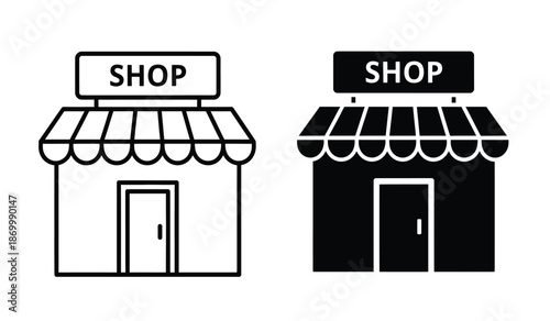Vector illustration of two shop icons in black and white