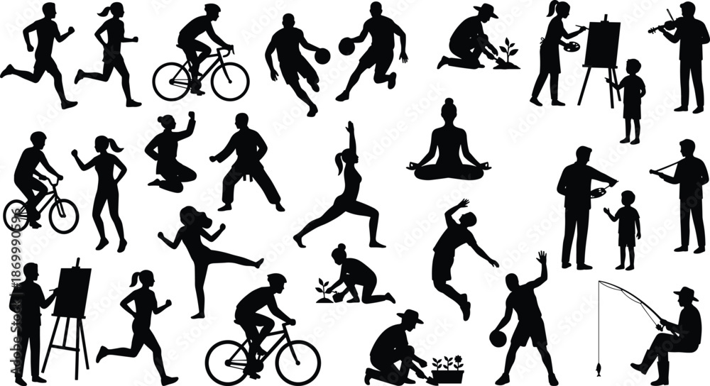 Fototapeta premium Large, collection, of, black, people, silhouettes, performing, various, activities, like, running, cycling, basketball, gardening, painting, yoga, fishing, isolated, on, white.