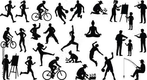 Large, collection, of, black, people, silhouettes, performing, various, activities, like, running, cycling, basketball, gardening, painting, yoga, fishing, isolated, on, white.