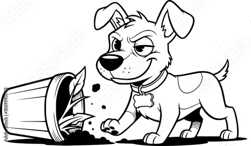 Bad Dog Drawing – Black and White Vector Illustration, Mischievous Canine, Sly Dog, Pet, Animal Character, Outline Sketch, Line Art, Editable Vector Design.