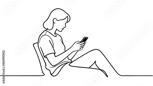 A young woman engrossed in her smartphone, captured in a minimalist continuous line art style