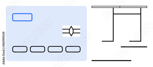 Financial transactions, payment systems, banking services, card design, architecture, line art. Minimal credit card layout with chip and linear architectural diagram. Financial transactions