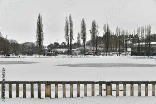 Konstfotografi Peupliers bordant l'étang principal sous la neige et la glace au parc de la Doda