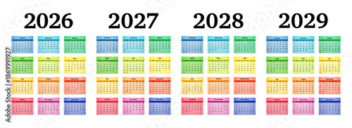 Set of calendars for 2026, 2027, 2028 and 2029 on a white background