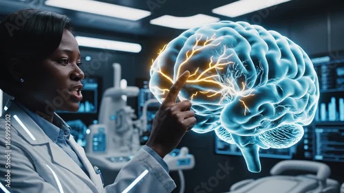 Scientist Interacts With Futuristic Holographic Brain Scan in Advanced Lab