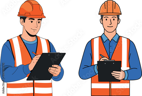 Two construction workers or engineers in safety vests and hard hats writing on clipboards